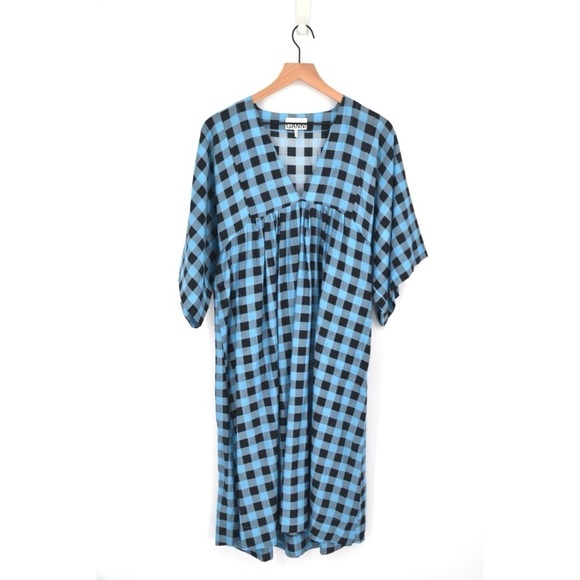 GANNI Gingham Oversized Dress Cotton Silk Black Blue Plaid Women's